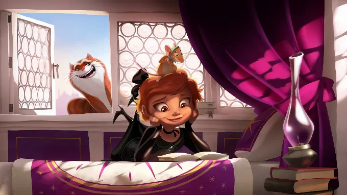 Malicia (a girl) and Peaches (a rat) on a bed reading a book whilst Maurice (a ginger cat) looks through the window at them