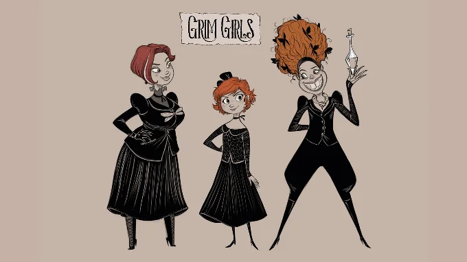 Concept artwork of the Grim Girls, three women who are wearing black clothes and heeled boots. All three have reddish gingery hair.