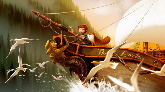Malicia (a girl) and Peaches (a rat) on the prow of a boat called The Lorelei, the figurehead of which is clinging on for dear life whilst they crash through the waves. Maurice, a ginger cat is beside them