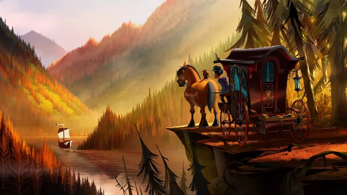 Keith (a boy) and the clan of rats are on a horse and carriage looking out into a valley where a boat is sailing away from them