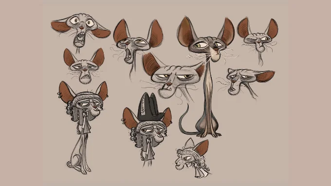 Several expression sketches of the cat known as Katz showing his facial expressions. Katz is a bald cat who is also shown here wearing a barristers wig, and a Admirals' hat 