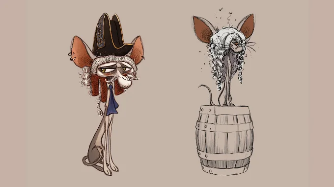 Concept sketches of the bald cat known as Katz. Here is wearing an Admiral's hat, wig and necktie whilst looking a bit smug. Next to him is another sketch of him wearing a wig that covers his eyes whilst he is sat on a barrel