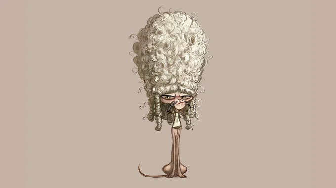 Concept sketch of a bald cat named Katz wearing a Baroque over the top wig that is taller than him whilst trying to look debonair