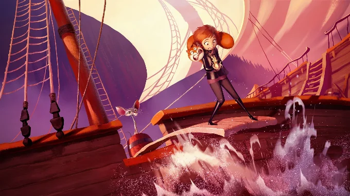 Malicia (a girl) holding Peaches (a rat) whilst Maurice (a ginger cat) is draped around her shoulders, standing on the edge of the plank on the side of a ship looking terrified at the crashing waves beneath them. Katz (a bald cat) is sat on a barrell on the other end of the plank on the ship. The whole atmosphere of the image is of danger