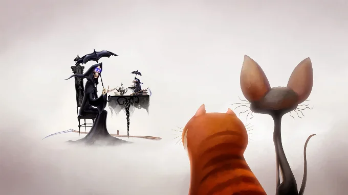 Death and the Death of Rats (both anthropomorphic personifications) are having tea on a gothic style black table and chair set up. Death is sitting holding a Black parasol above his head with his scythe lying on the ground beside him. Maurice and Katz (both cats) are looking at him from a distance with their backs to the viewer