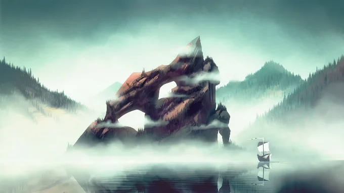 A triangular cliff peaks through the misty waters. A ship is sailing on the water towards it.
