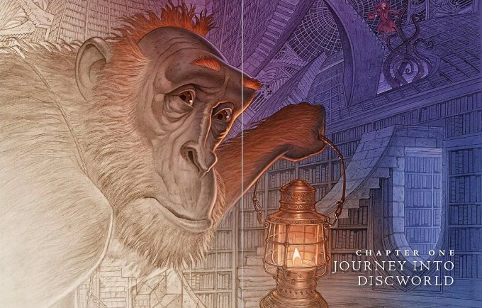 Extract from Designing Terry Pratchett's Discworld featuring a double page spread of The Librarian