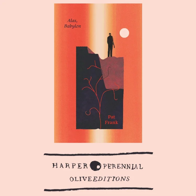 Olive editions cover for Alas, Babylon featuring a man standing on the earth with a tree in the ground