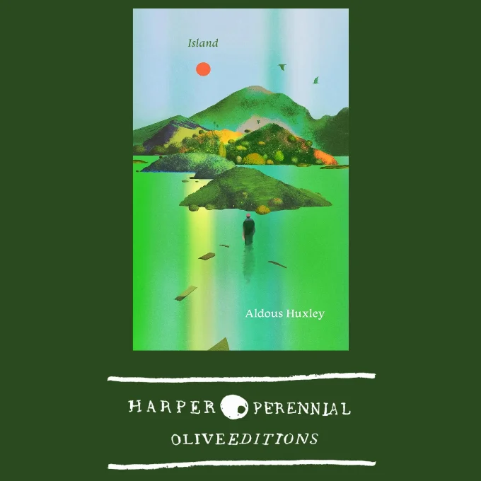 Olive editions cover for Island featuring a man stating in water by an island