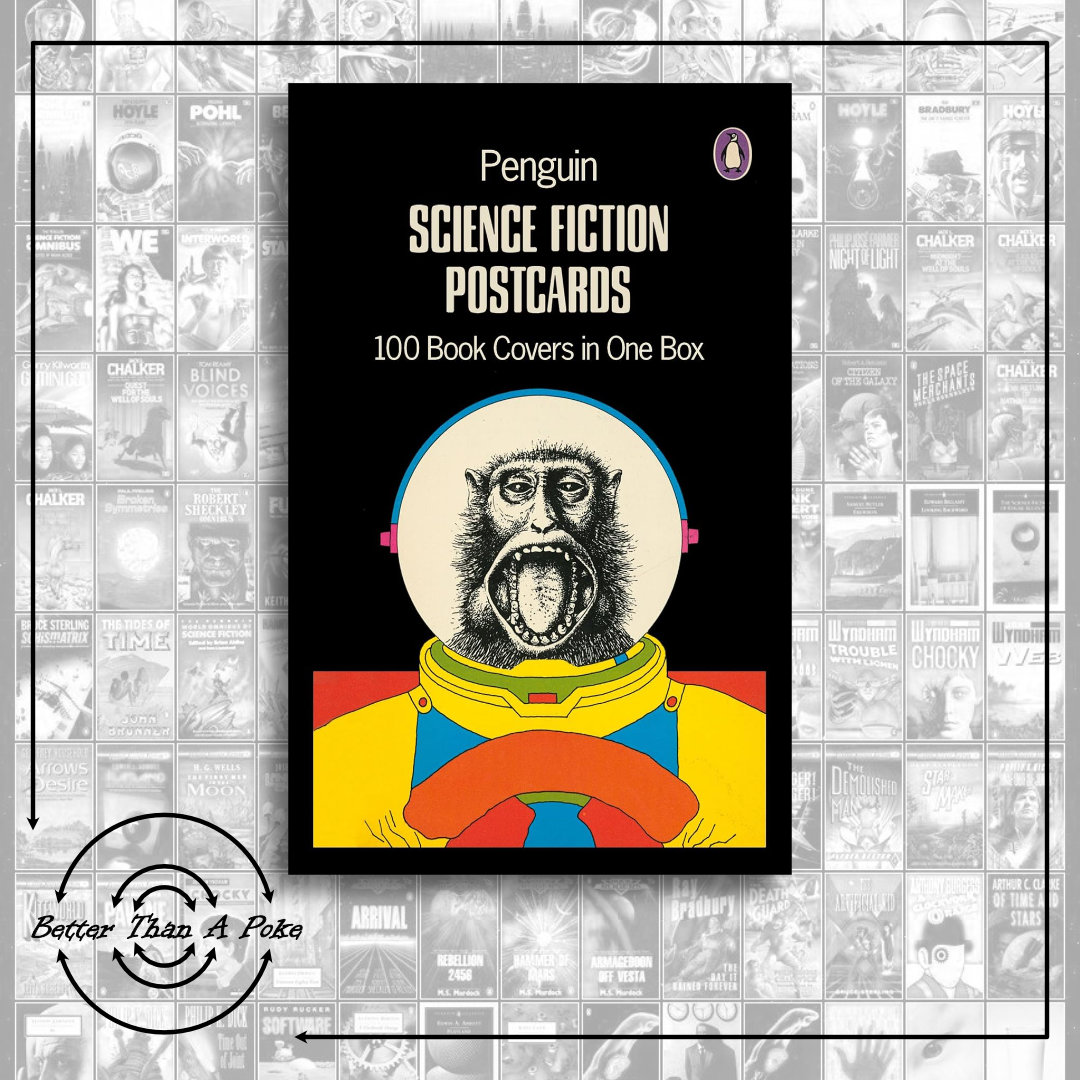 Penguin Science Fiction Postcard Box Background - 100 postcards with book cover images on them in black and white. Foreground Box cover of Penguin Science Fiction Postcard Box