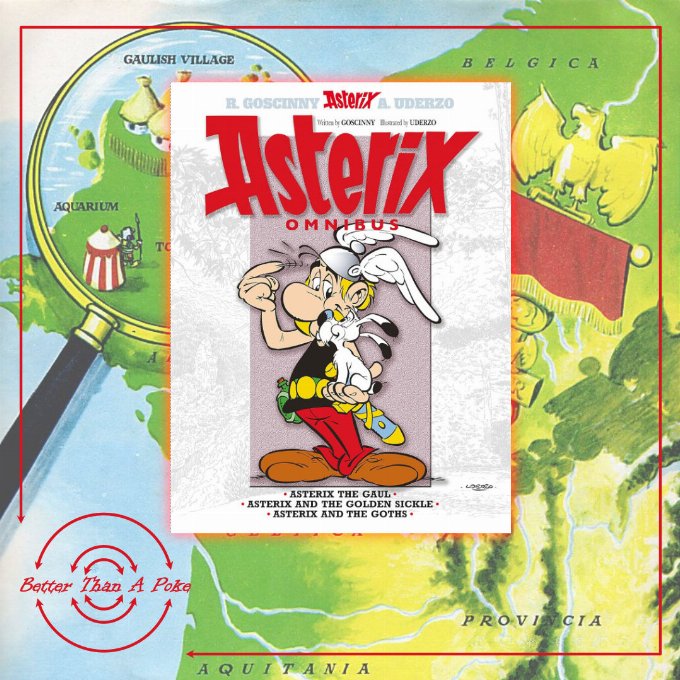 Asterix Omnibus Volume One Background: Colour map of Gaul marking where Asterix lives, illustrated by Albert Uderzo. Foreground : White Cover of Asterix Omnibus Volume one with and image of Asterix the Gaul holding Dogmatix.