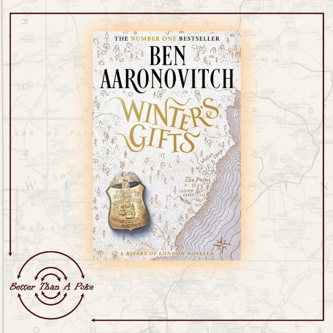 Winter’s Gifts by Ben Aaronovitch Background: Faded map of Minnesota. Foreground: Cover of Winter’s Gifts by Ben Aaronovitch
