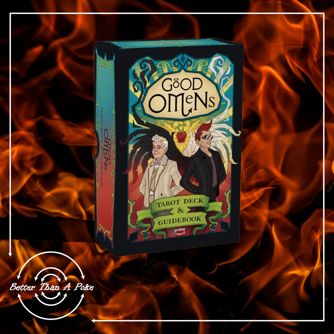 Good Omens Tarot Set Box Art Background: red flames on a black background. Foreground: Good Omens Tarot Card set Box art
