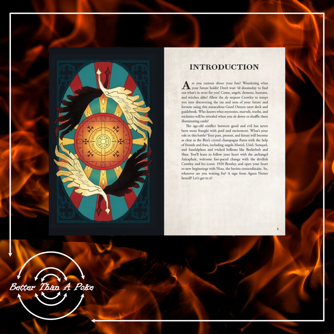 Good Omens tarot set guide book introduction page Background: red flames on a black background. Foreground: Good Omens Tarot Set Guide book introduction page