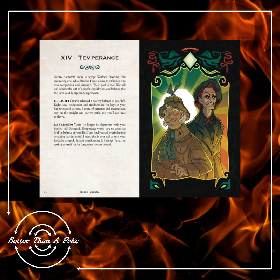 Good Omens Tarot Set Guide book Temperance page Background: red flames on a black background. Foreground: Good Omens Tarot Set Guide book Temperance page