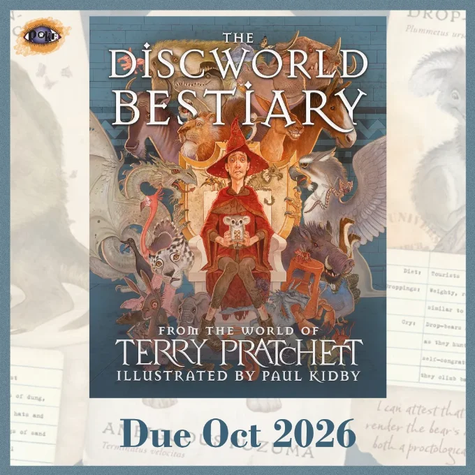 Cover of the Discworld Bestiary with Rincewind at its centre surrounded by the creatures of the Disc