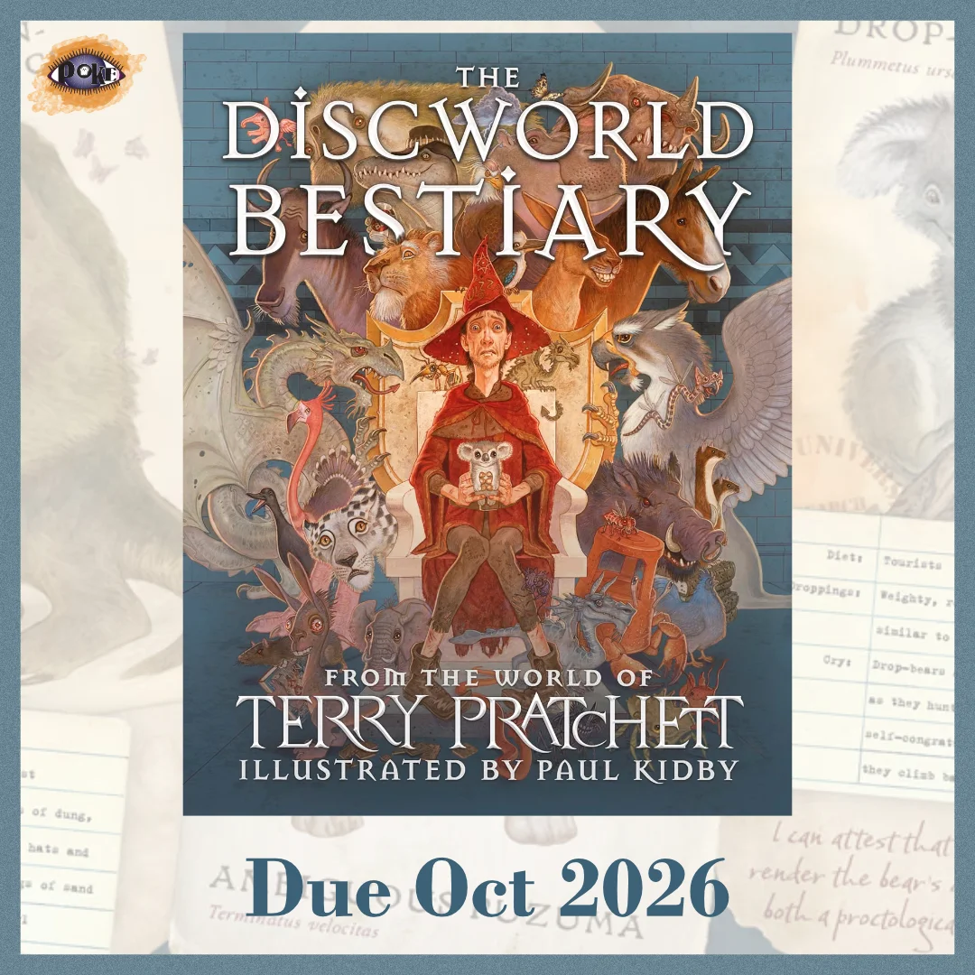 Cover of the Discworld Bestiary with Rincewind at its centre surrounded by the creatures of the Disc