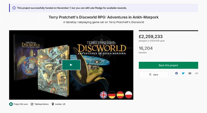 Discworld: Adventures in Ankh-Morpork funded 25 times over Screenshot of completed Modiphius Kickstarter campaign showing over £2.25 million raised