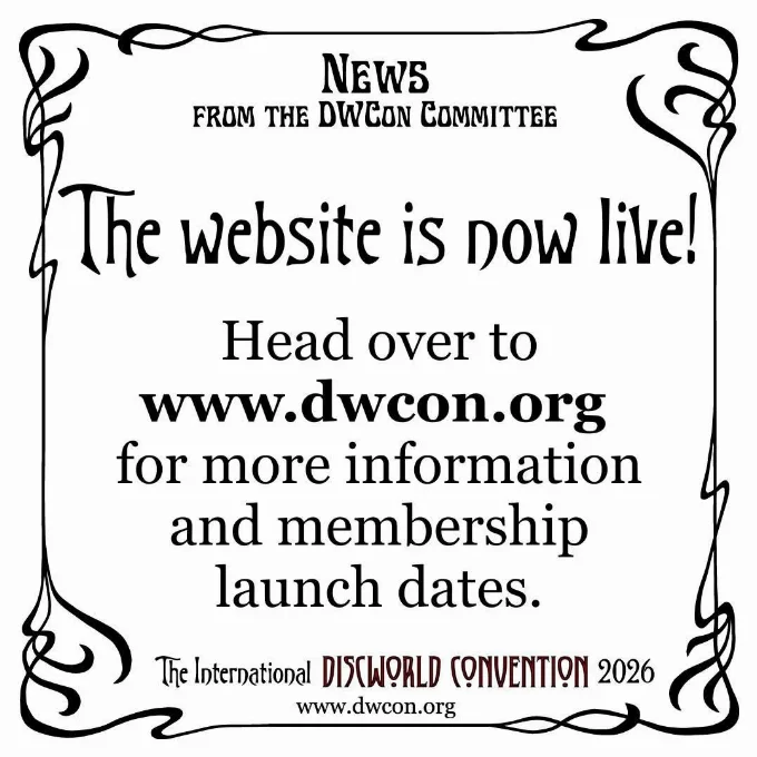 International Discworld Convention 2026 White image with writing saying the 14th International Discworld Convention website now live