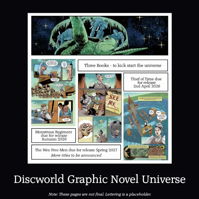 Graphic Novel Universe Announcement Discworld Graphic Novel Universe - images of three pages from Thief of Time