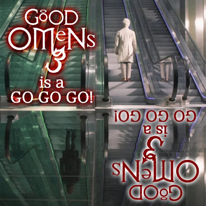 Good Omens 3 is a GO GO GO Aziraphale and Crowley on their respective elevators with the wording Good Omens 3 is a GO GO GO!
