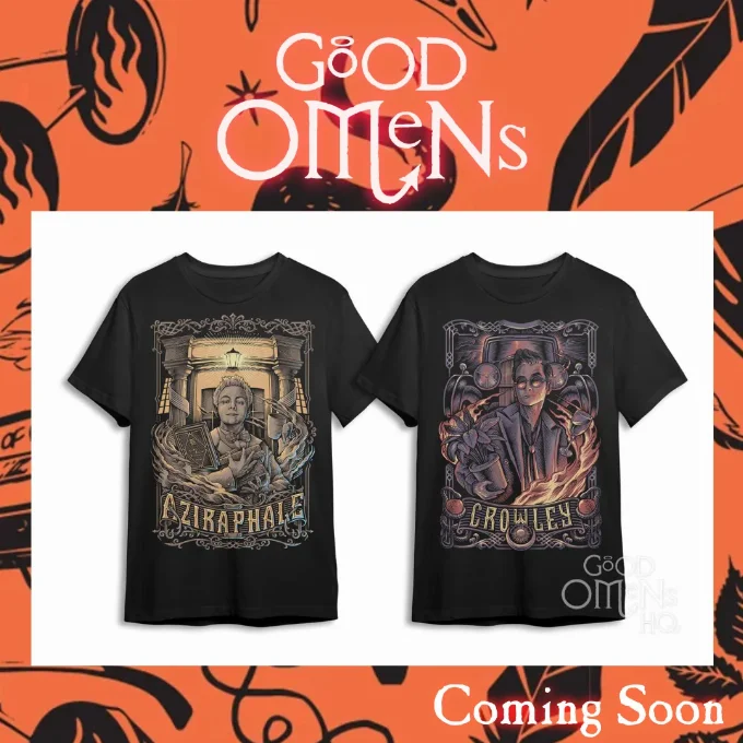 Aziraphale and Crowley t-shirts Images of two t-shirts one each for Aziraphale and Crowley