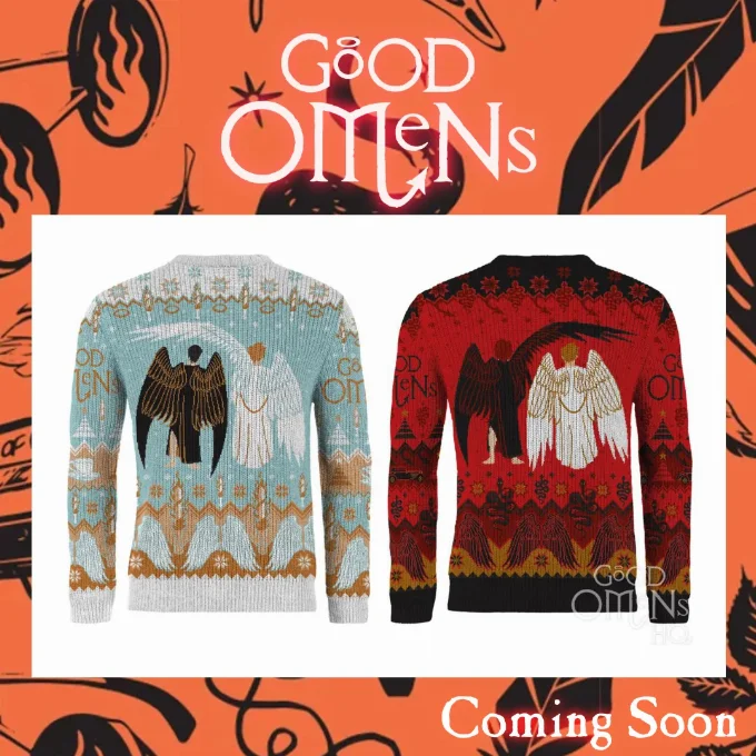 Back view Christmas Jumpers Images of the Back of the Good Omens Christmas Jumpers