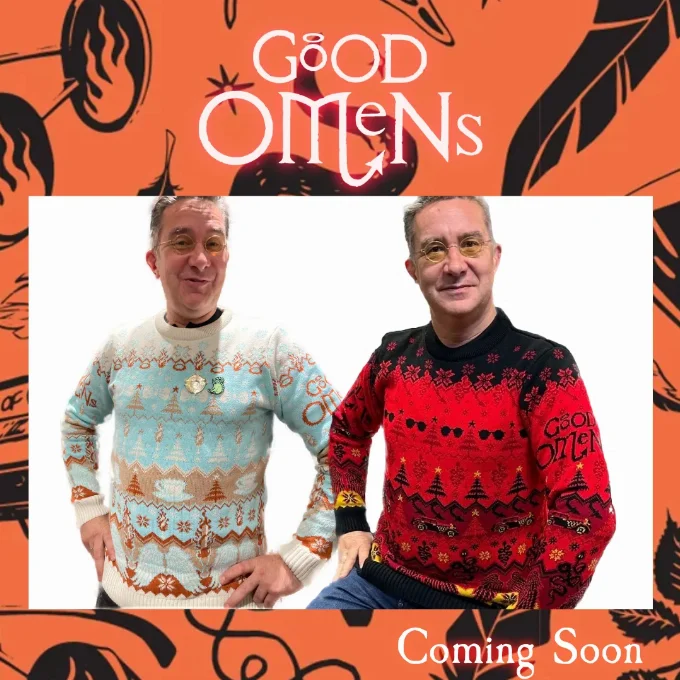 Front view Christmas Jumpers Images of the Front of the Good Omens Christmas Jumpers