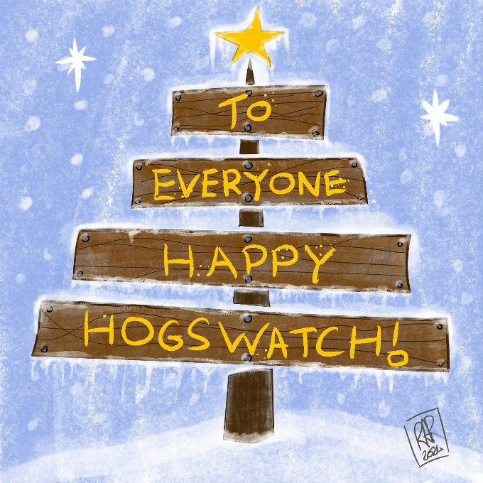 Happy Hogswatch from Better Than a Poke in the Eye Image showing a stylised Hogswatch Tree with each word on a separate wooden plank
