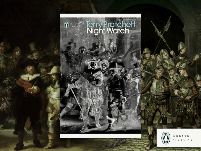 Night Watch By Terry Pratchett to join Penguin Modern Classics in April 2025 a book cover (in negative black and white) showing Rembrandt's The Night Watch