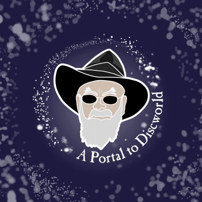 A Portal to Discworld at Fantasy Forest An stylized picture of Terry Pratchett surrounded by the words A Portal to Discworld surrounded by patterns of light