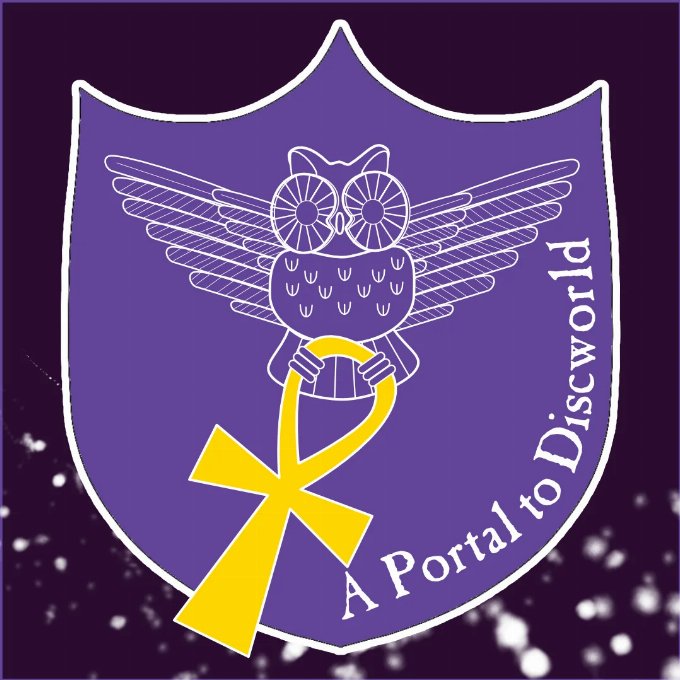 Portal to Discworld 2025 Logo Purple Shield with a white outline drawing of a Morpork holding a golden ankh with the wording A Portal to Discworld following the outline of the shield on the right hand side