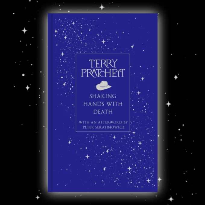 Shaking Hands with Death 2025 edition cover of blue clothbound editon of Shaking Hands with Death by Terry Pratchett with a white hat and white stars upon it