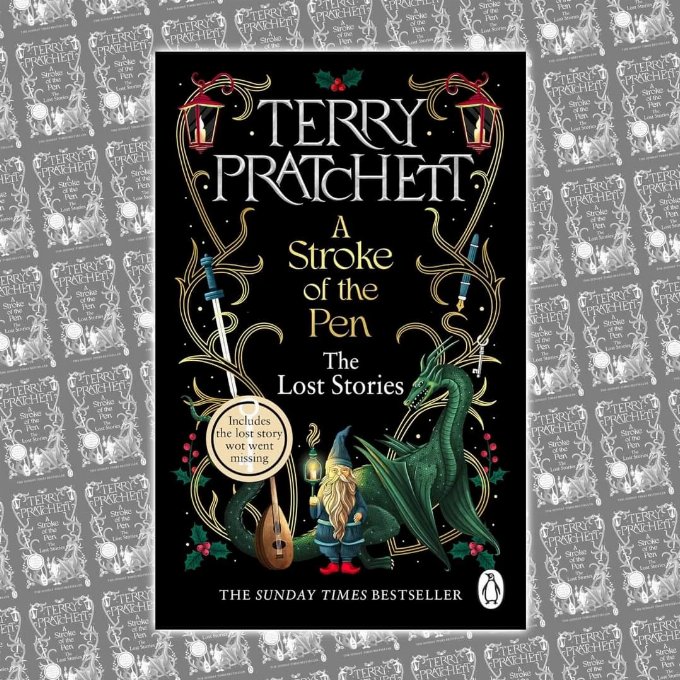 A Stroke of the Pen Paperback Image of the cover of Terry Pratchett's A Stroke of the Pen The Lost Stories "Includes the lost story wot went missing" The cover features a gnome holding a lantern, a green dragon , a sword, a pen, a key and a lute