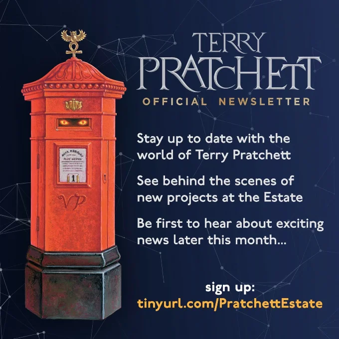 Sign up to the Terry Pratchett Official Newsletter Picture of a pillar box with sinister eyes in the letter slot and the words Terry Pratchett official newsletter