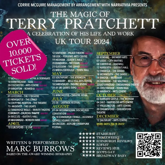 Poster for the 2024 UK Tour of The Magic of Terry Pratchett Poster of Tour Dates for Marc Burrows The Magic of Terry Pratchett Talk. Notable dates are 12th, 13th and 18th September