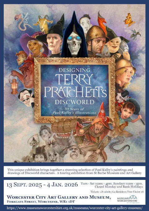 Image showing many of Terry's characters illustrated by Paul Kidby with the words Building Terry Pratchett's Discworld